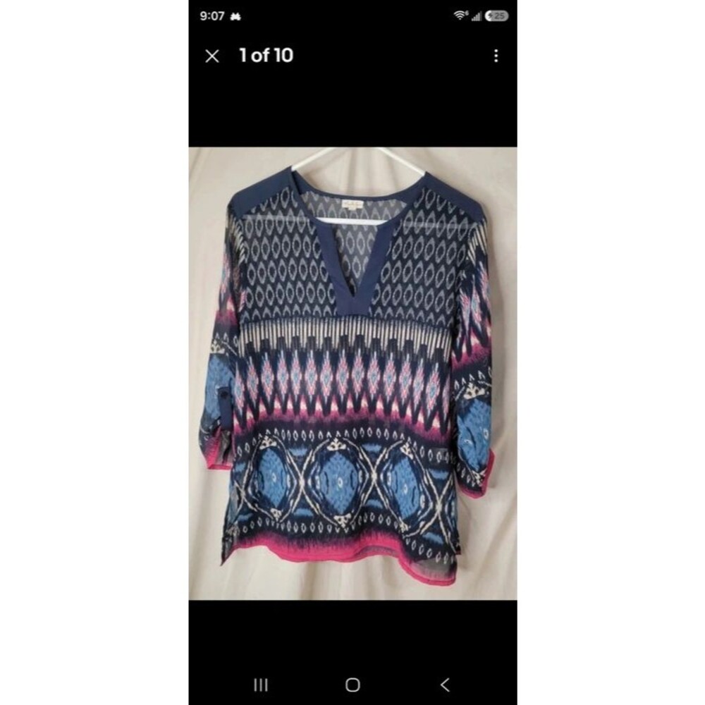 Antilia Femme Ikat Print Boho Blouse Womens Large Blue Pink Roll Tab Sleeve Arts